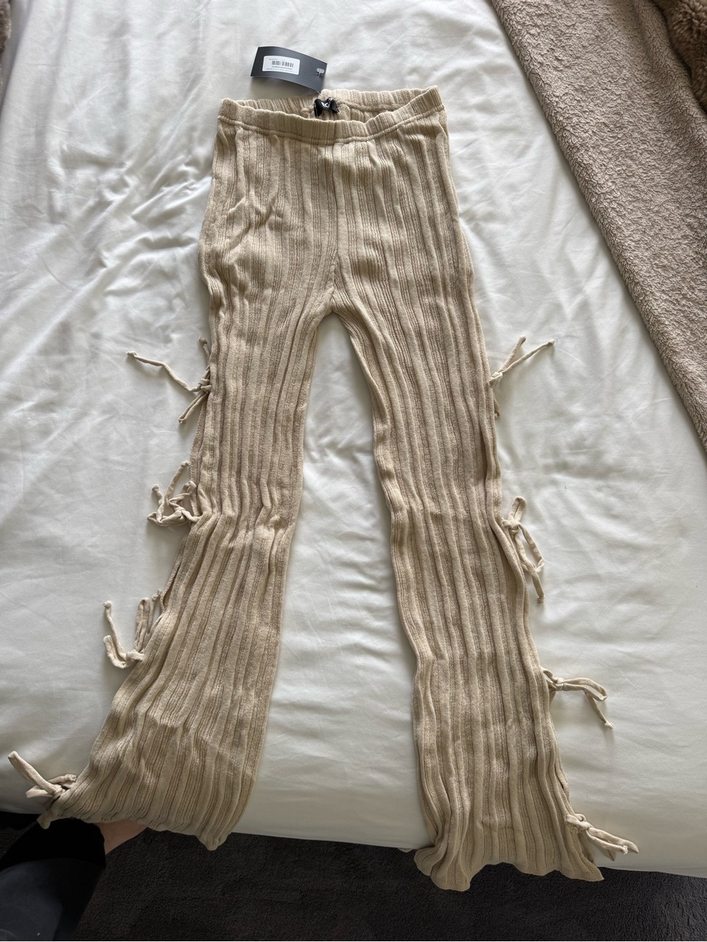 EGO Cream Ribbed Knit Tie-Detail Flared Pants